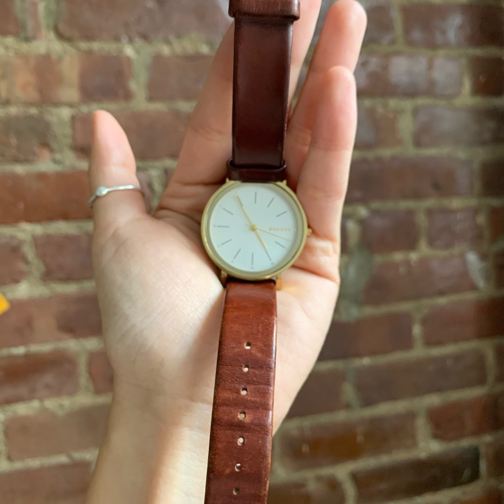 Skagen gold case leather strap
